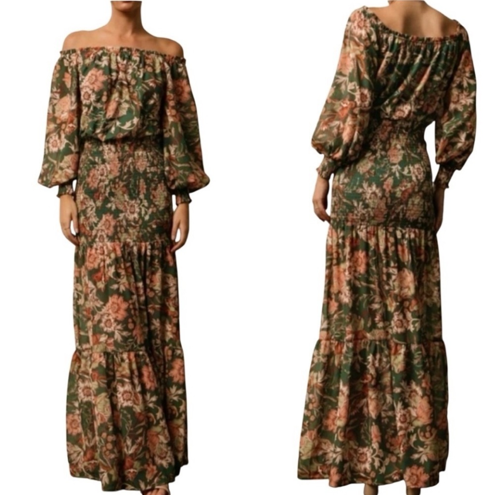 Baltic Born Lizzie Maxi Dress Size Medium Floral Boho Tiered Off Shoulder